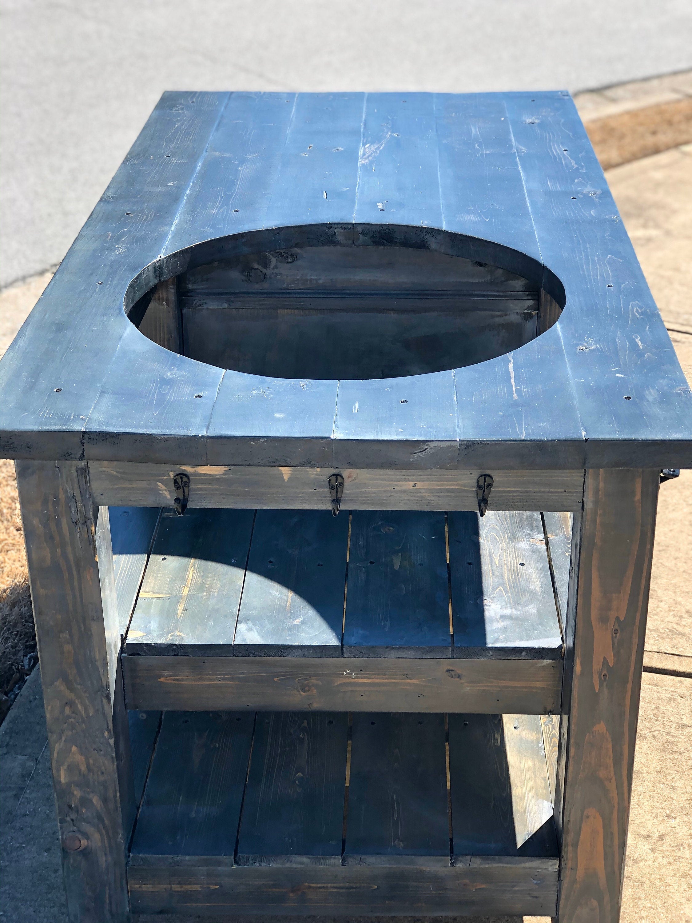 Outdoor Rolling Table for Large Big Green Egg or Kamado Joe - White- washed black stain